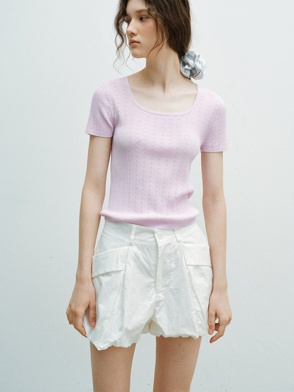 Delicate Mesh Lace Square Neck Slim Fit Knit Top