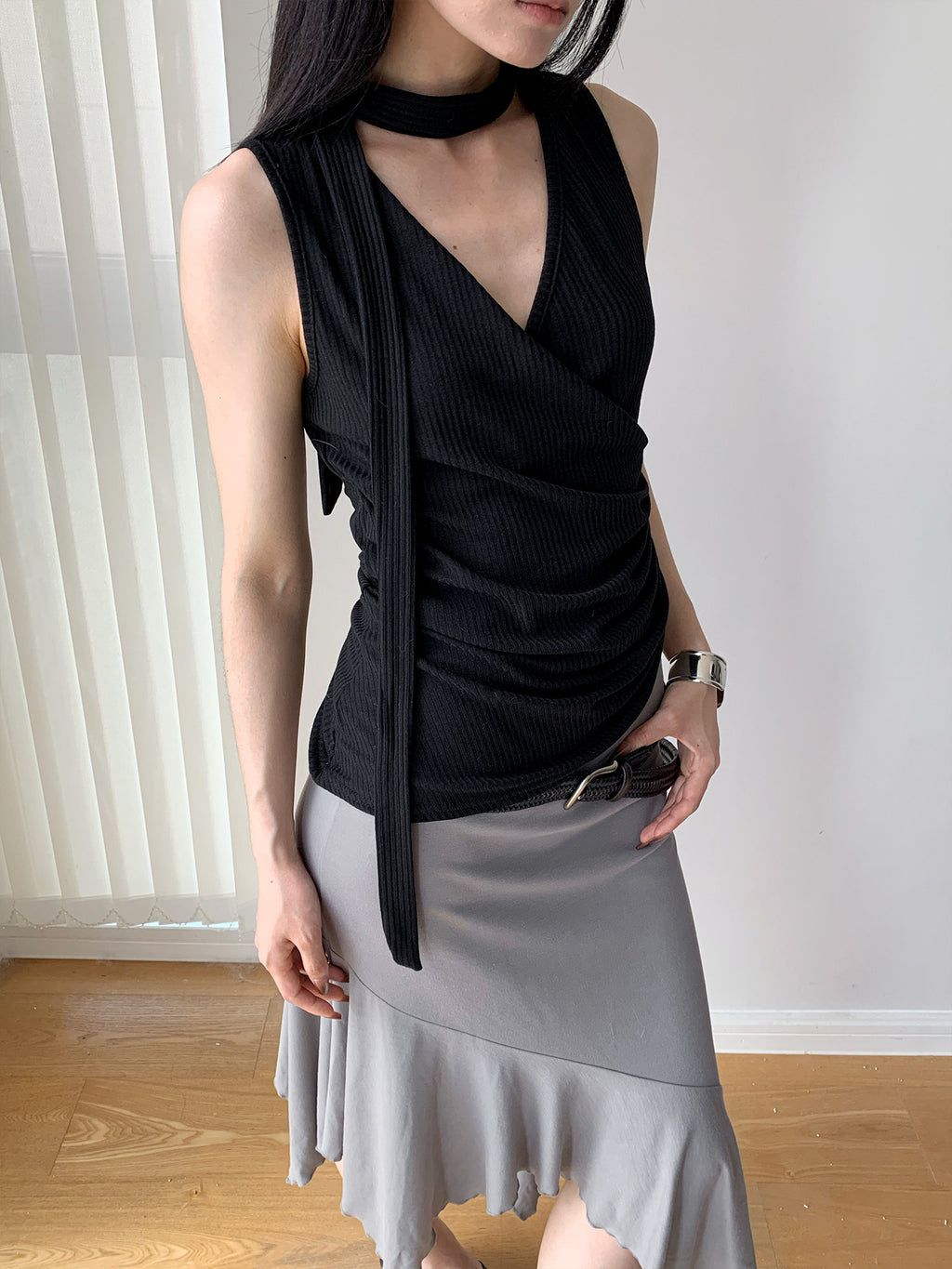Halter-neck Off-Shoulder Thin Knit Ribbed Cross V-Neck Tank Top