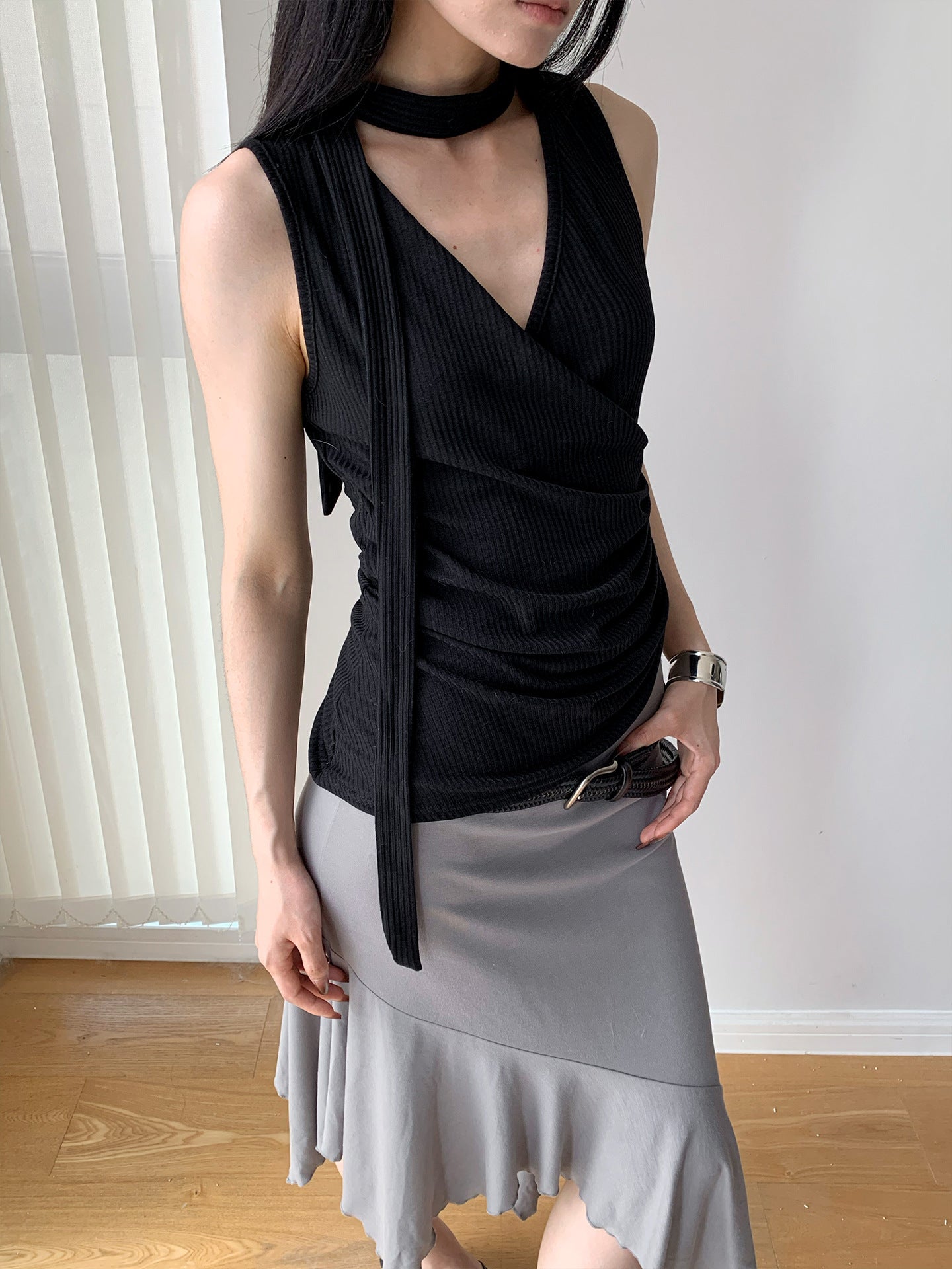 Halter-neck Off-Shoulder Thin Knit Ribbed Cross V-Neck Tank Top