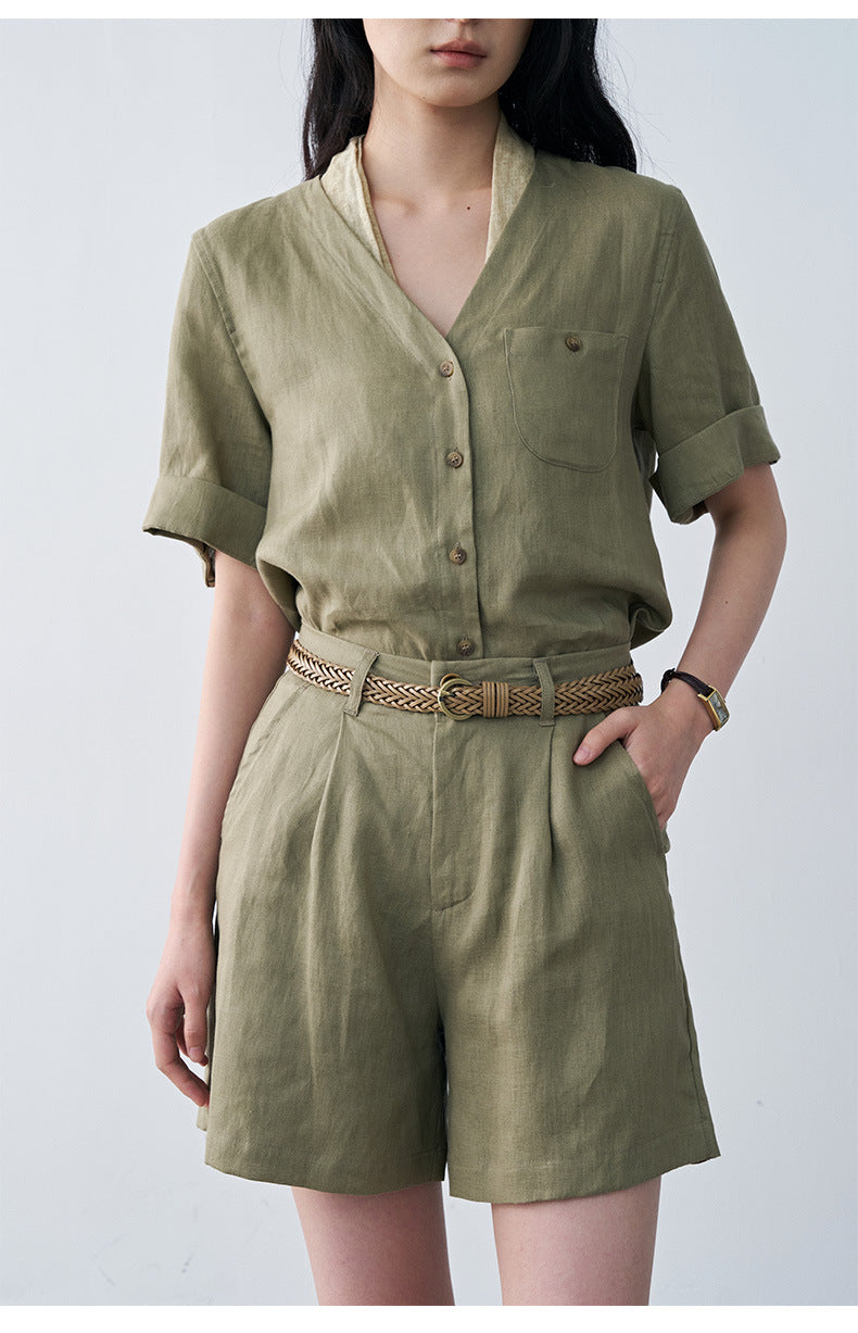 Linen Pleated Straight Casual A-Line Shorts