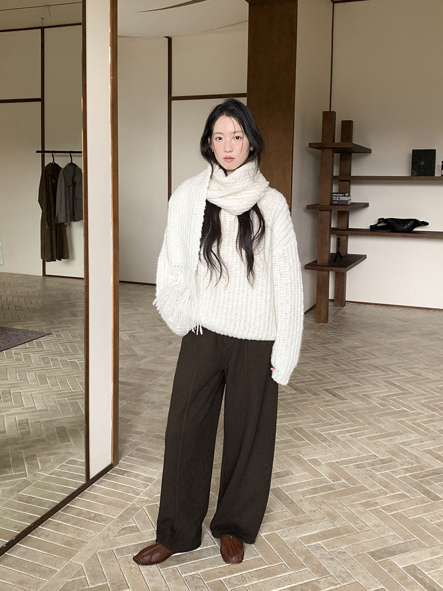 High-Waist Elastic Waist Thick Straight Leg Tailored Pants