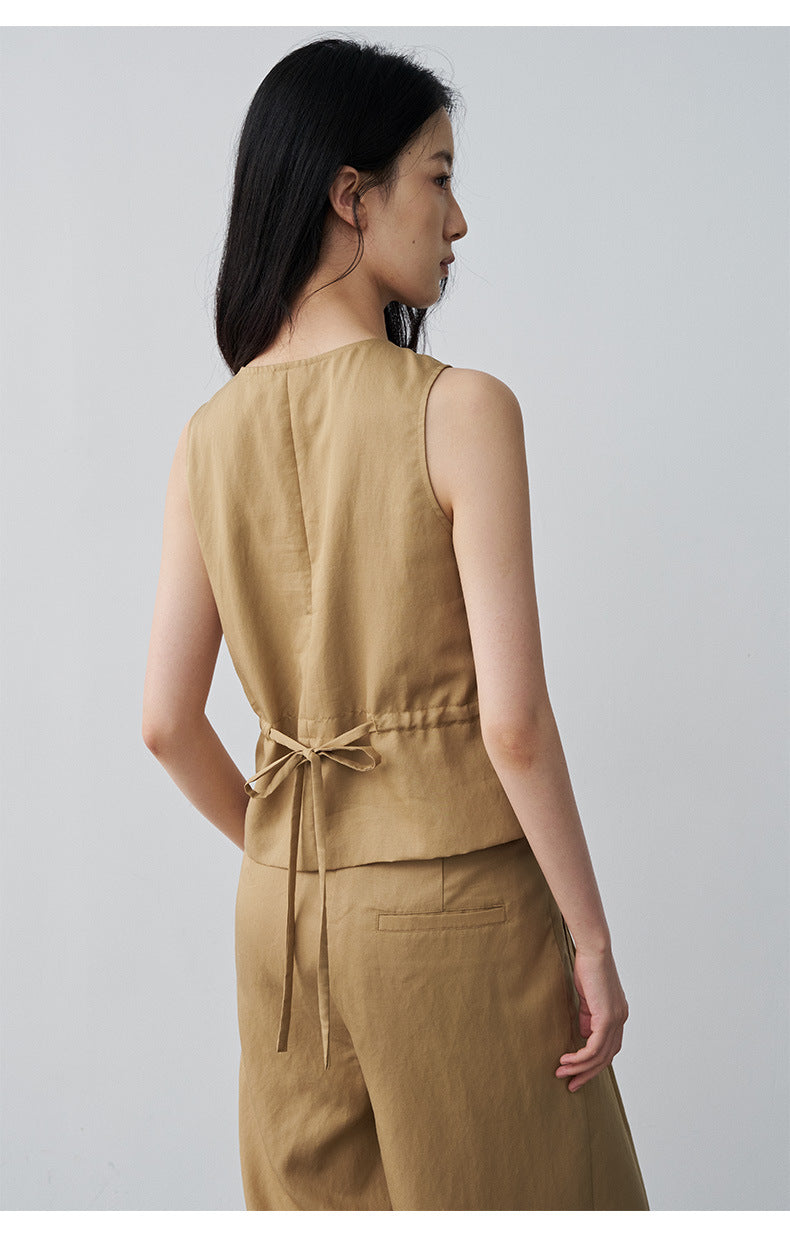 Minimalist Tencel V-neck Diagonal Vest Waist-cinching Sleeveless Top