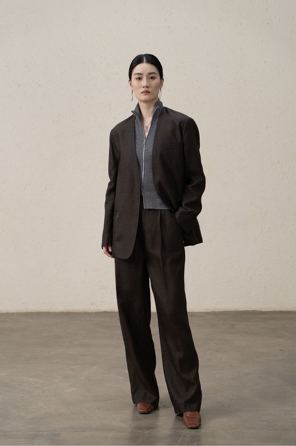 Premium Ramie Loose Oversized Suit Blazer and V-Neck Top