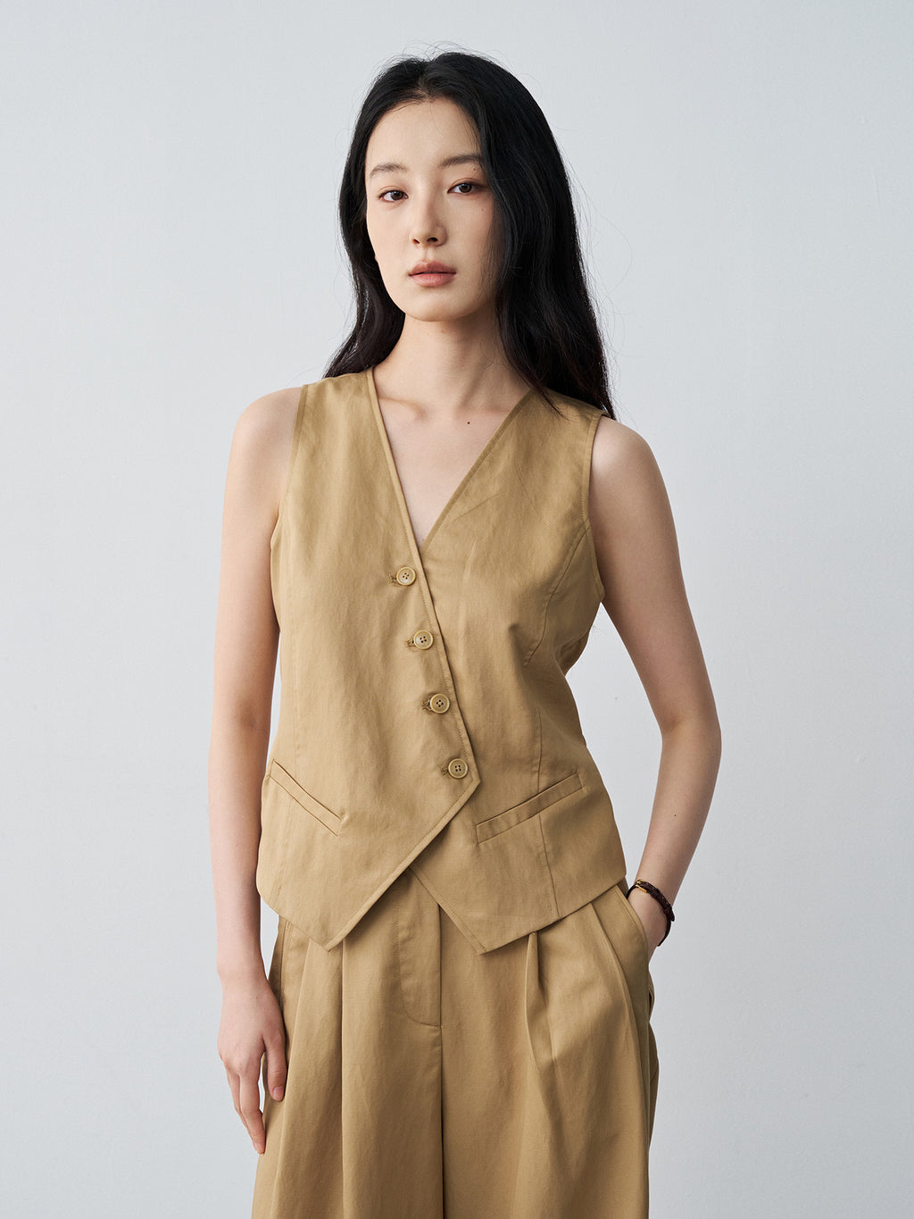 Minimalist Tencel V-neck Diagonal Vest Waist-cinching Sleeveless Top