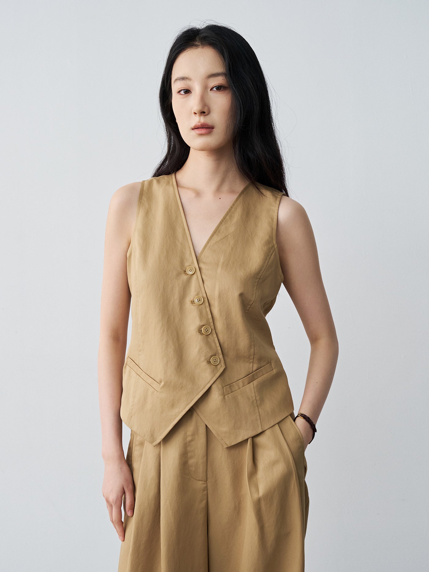 Minimalist Tencel V-neck Diagonal Vest Waist-cinching Sleeveless Top