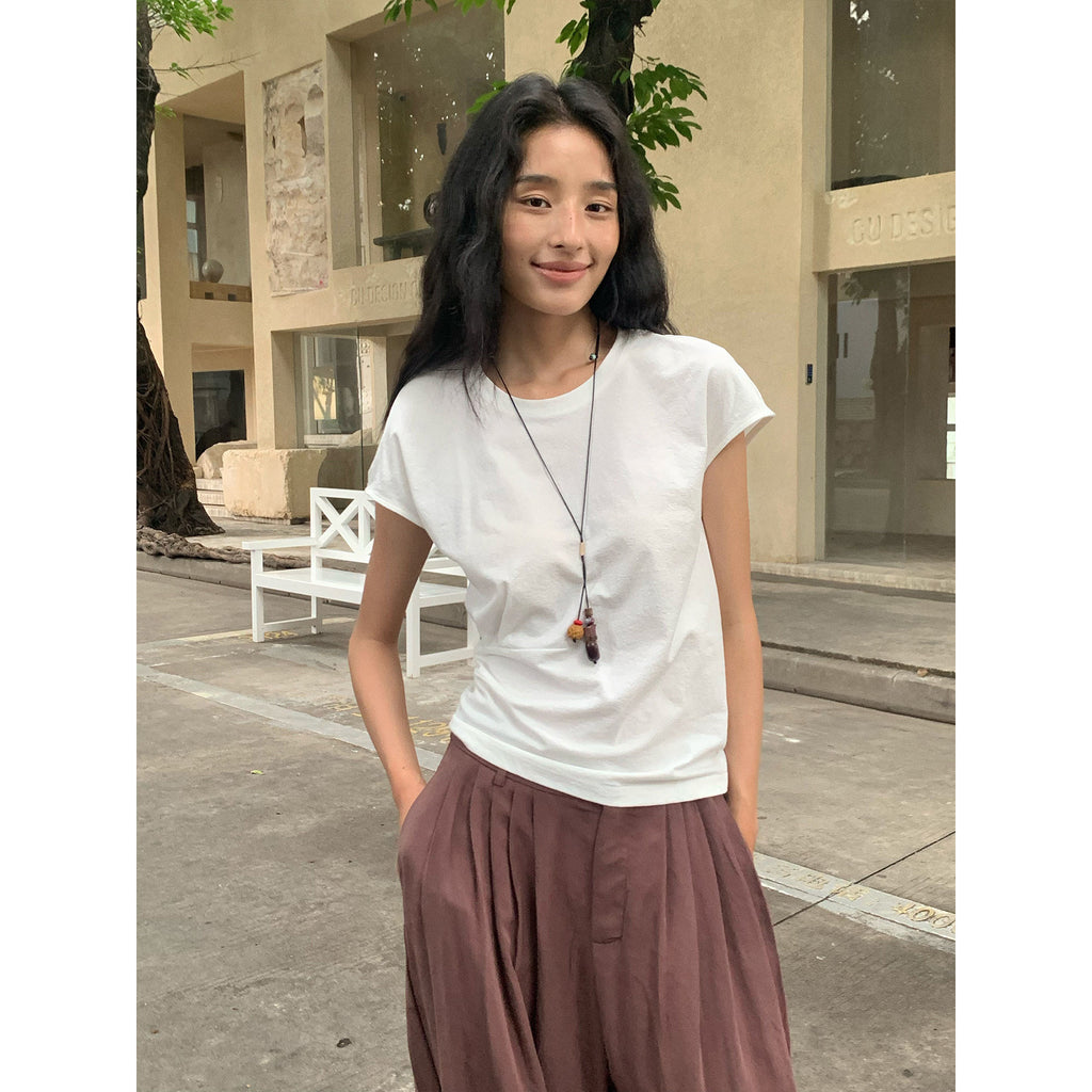 Minimalist Side Pleats Basic T-Shirt