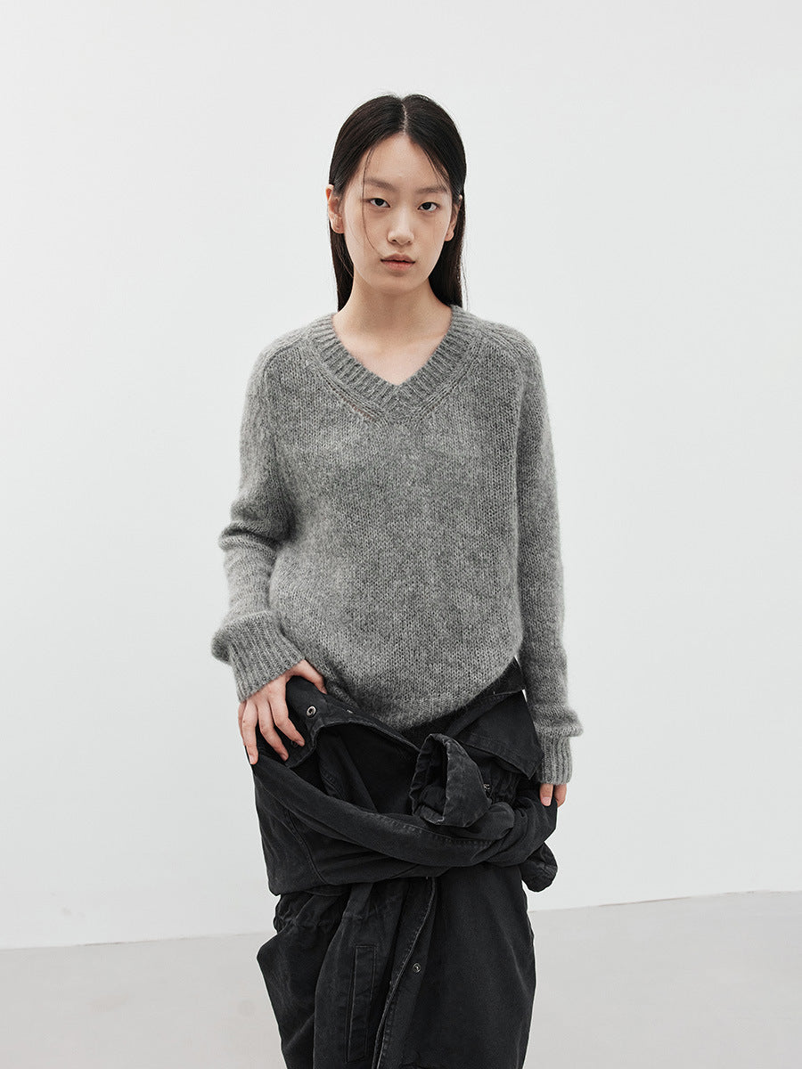 Love with Nancy Thirteen Lines Minimalist Winter Korean Style Floral Tulle V-neck Loose Thickened Warm Mohair Sweater for Women 03254