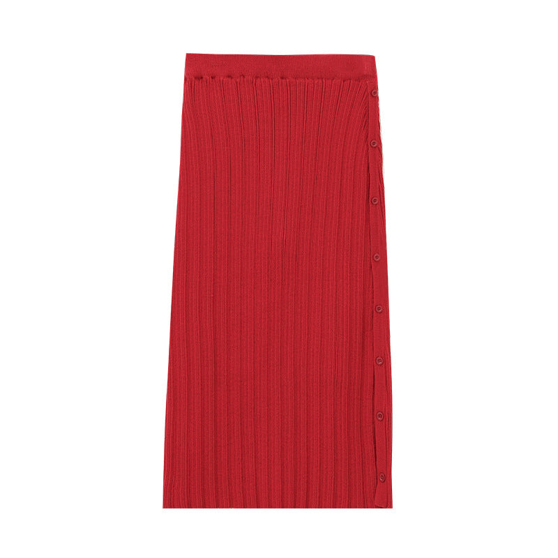 Ribbed Knit Midi Buttoned-Side Slim Skirt