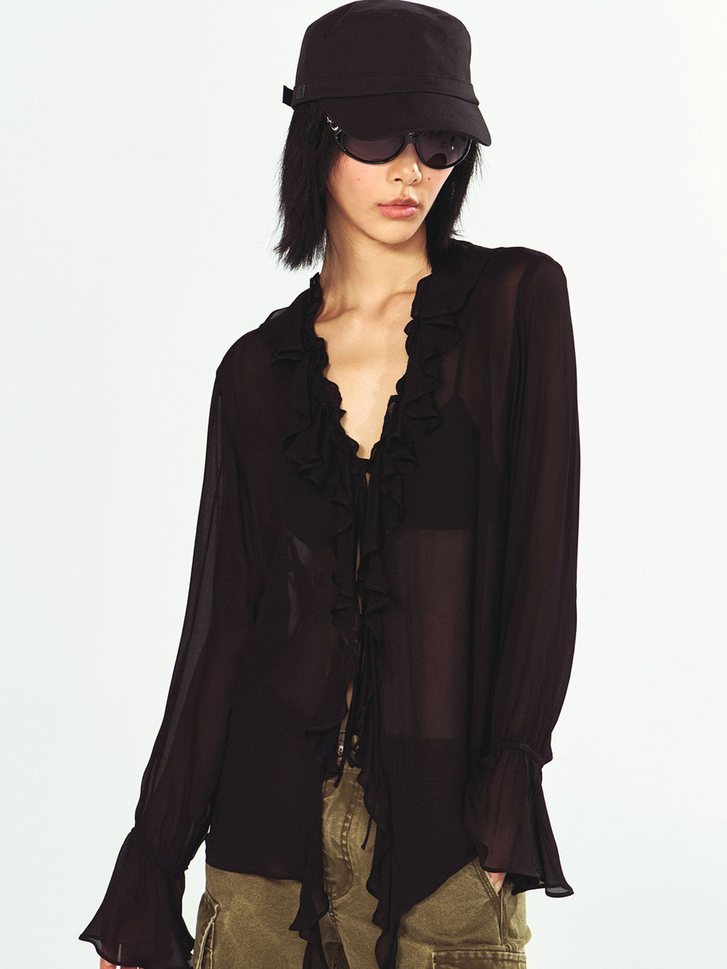 Translucent Double Crepe Long-Sleeve Chiffon Top