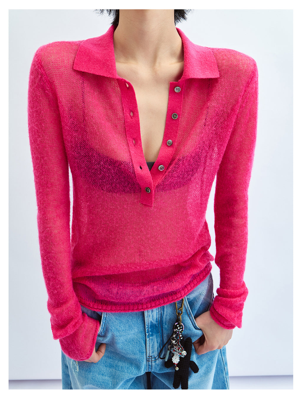 Sheer Layering Polo Collar Wool Knit Top