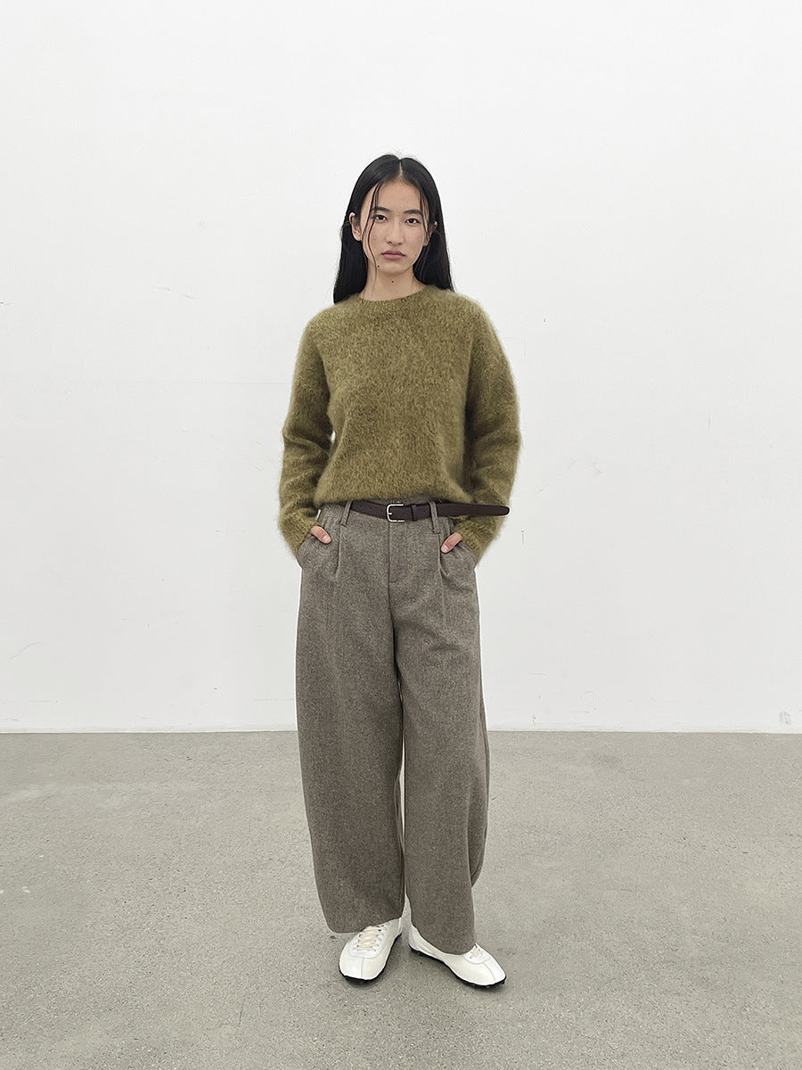 Smooth Minimalist Tweed Style Wool Pants with Belts