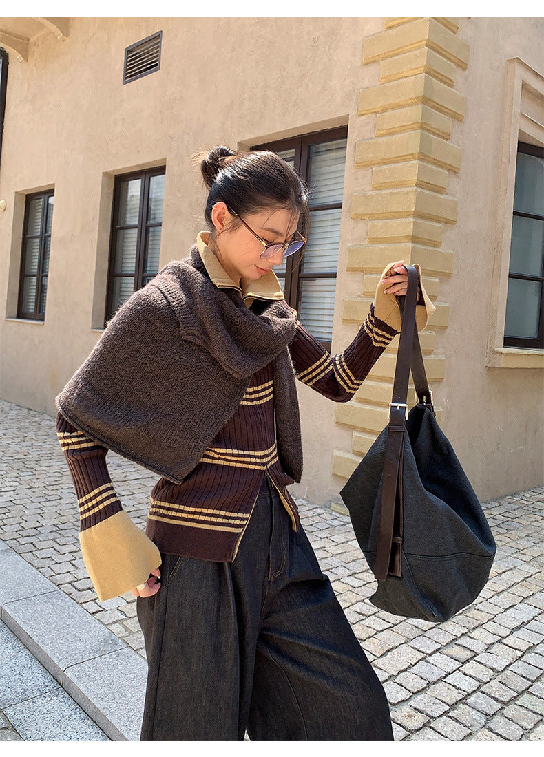 Flared Sleeves Slim Striped Zip-Up Knitted Sweater Cardigan Top