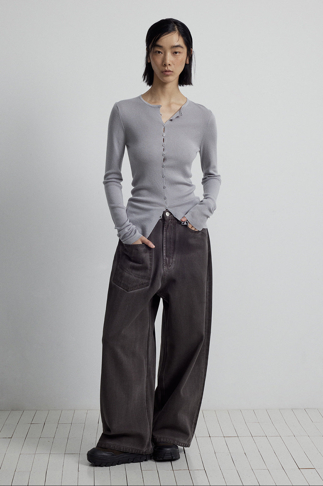Close-fitting Wool Blend Long-sleeved Knit Single-breasted Cardigan Top