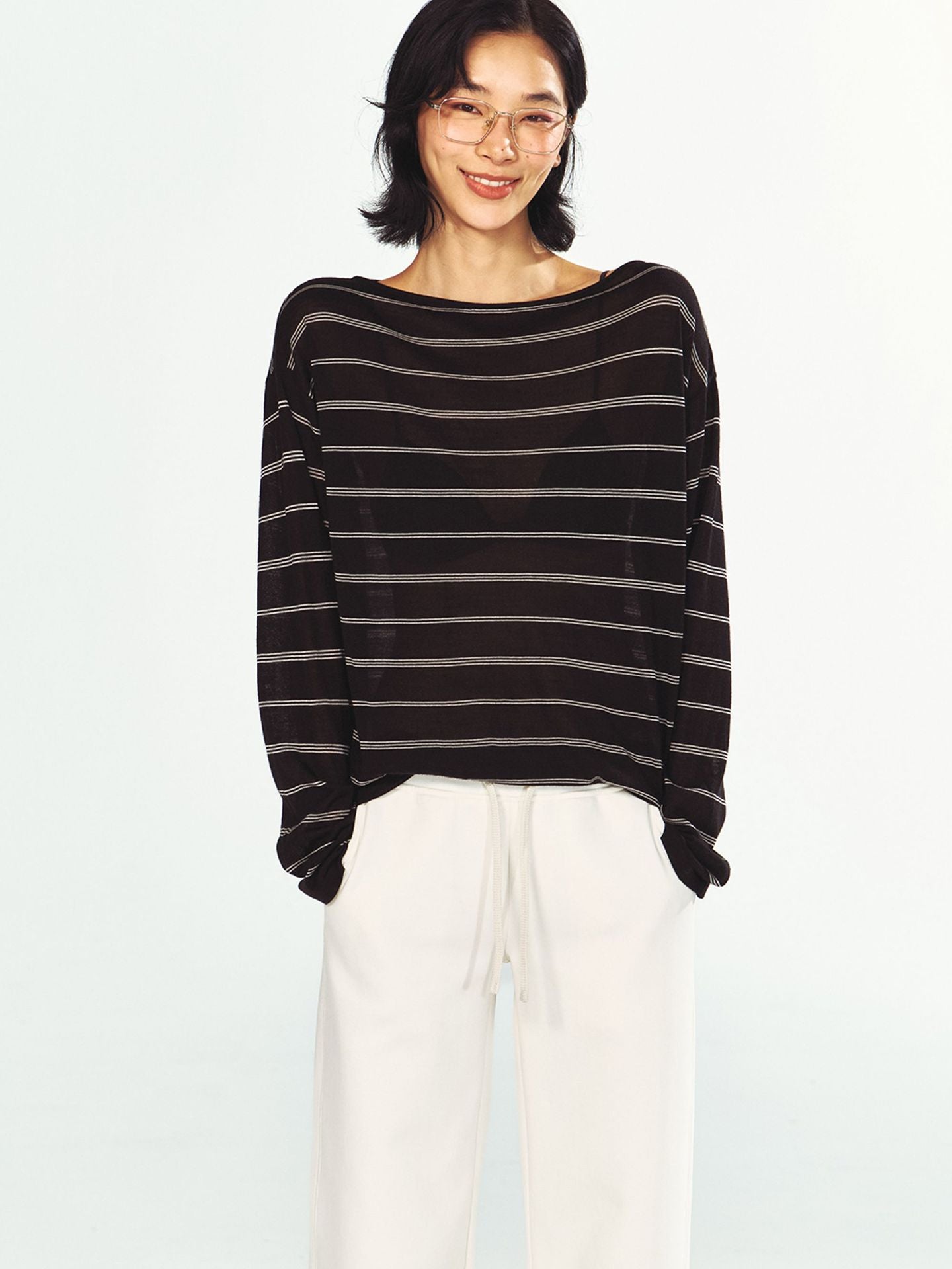 Soft Ultra-fine Wool Off-shoulder Striped Long-sleeve Top