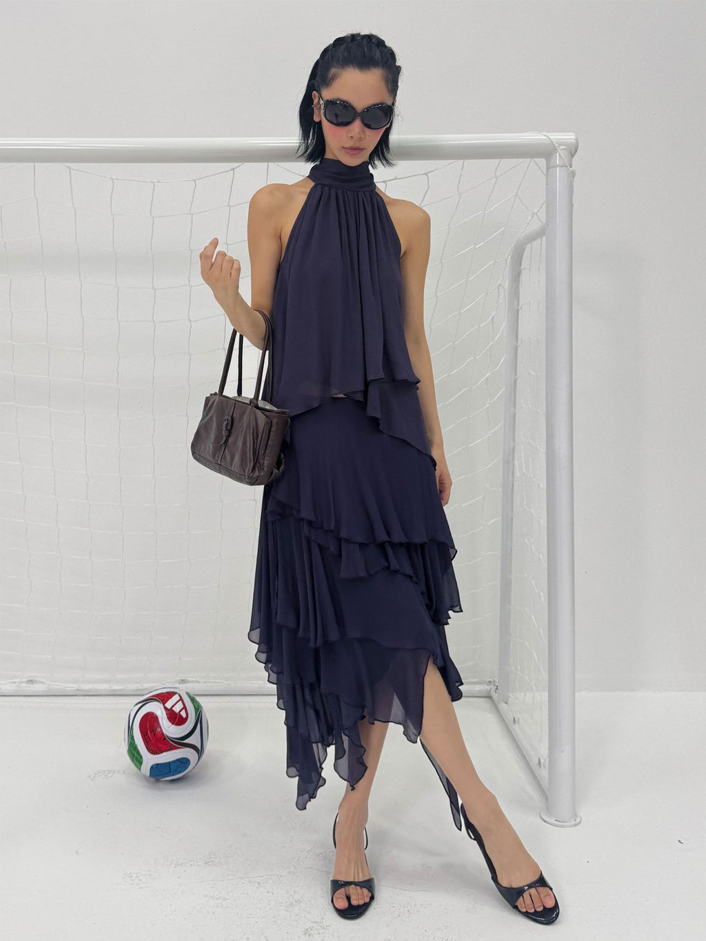 Silk Double Crepe Tie Strap Halter Multi-Layer Top