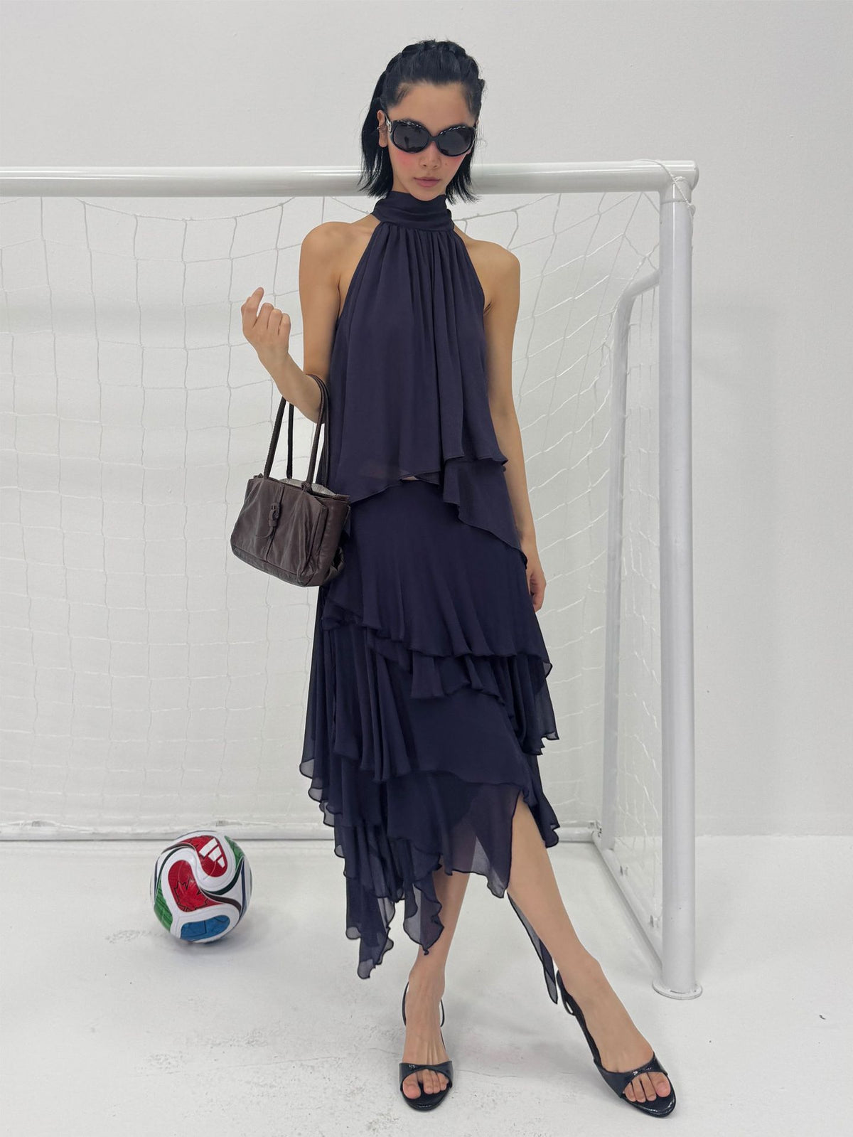 Silk Double Crepe Tie Strap Halter Multi-Layer Top