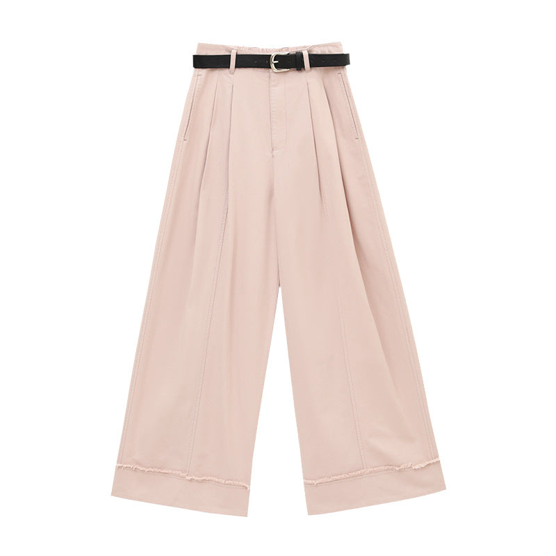 Versatile Frayed Wide-leg Pants with Belt