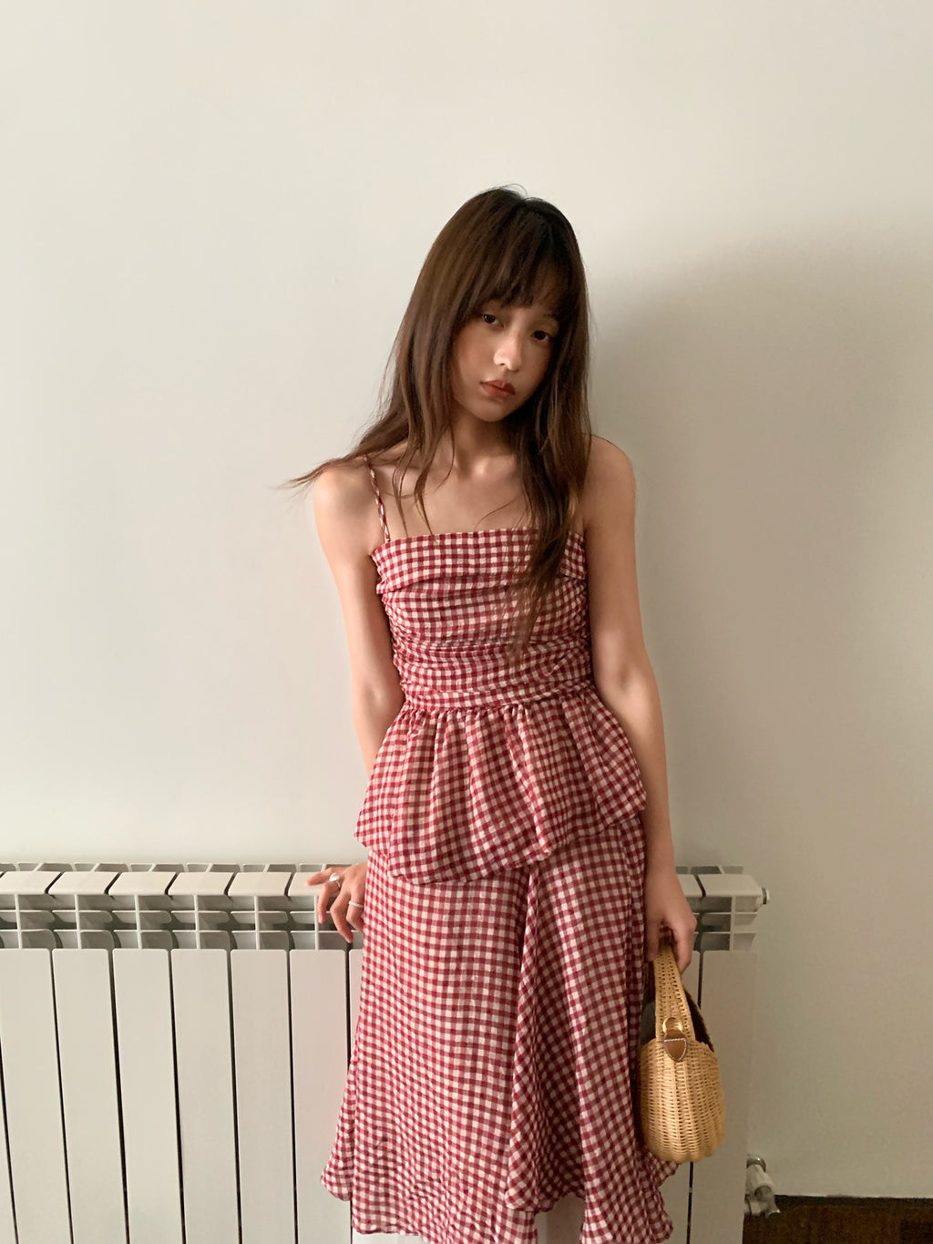 Gingham Peplum Cami Top & Layered Maxi Skirt Set