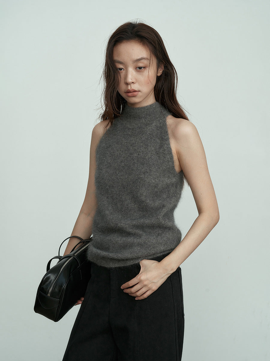 Fuzzy Knit High-Neck Sleeveless Sweater Top