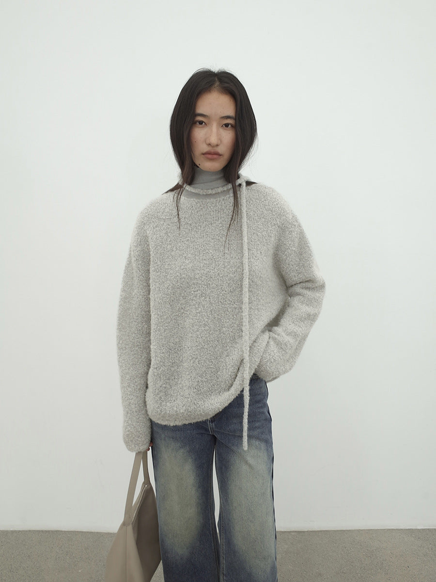 Textured Drawstring Mohair Wool Neck Knit Long-Sleeve Top