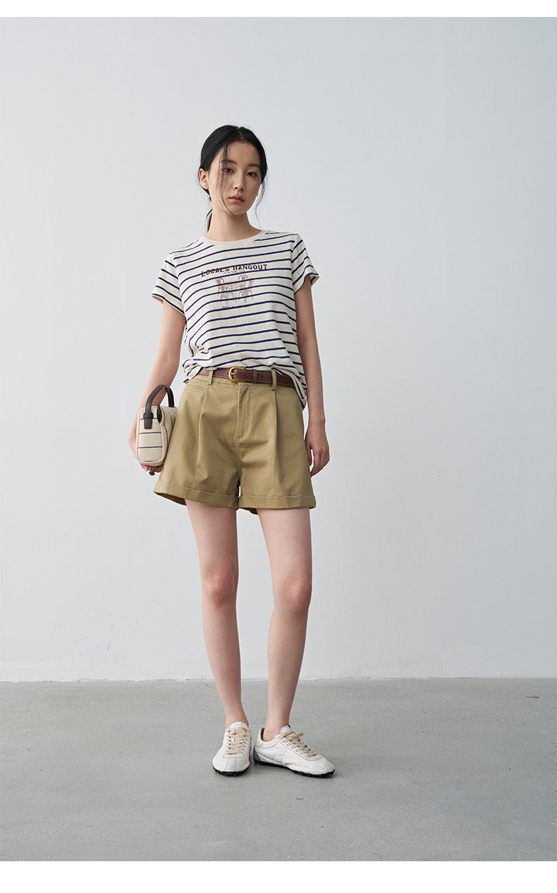 Pleated Mid-rise Rolled Edge Straight Leg Shorts