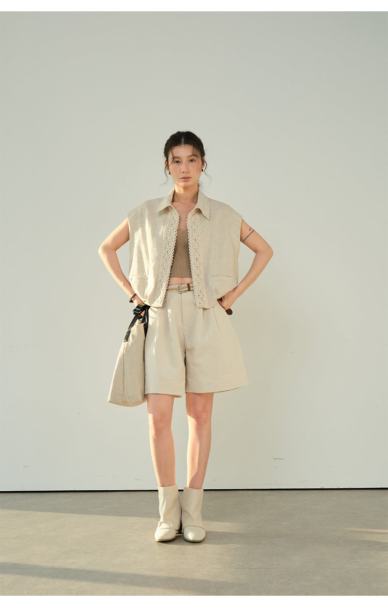 Linen Casual Wide-leg Belt Shorts