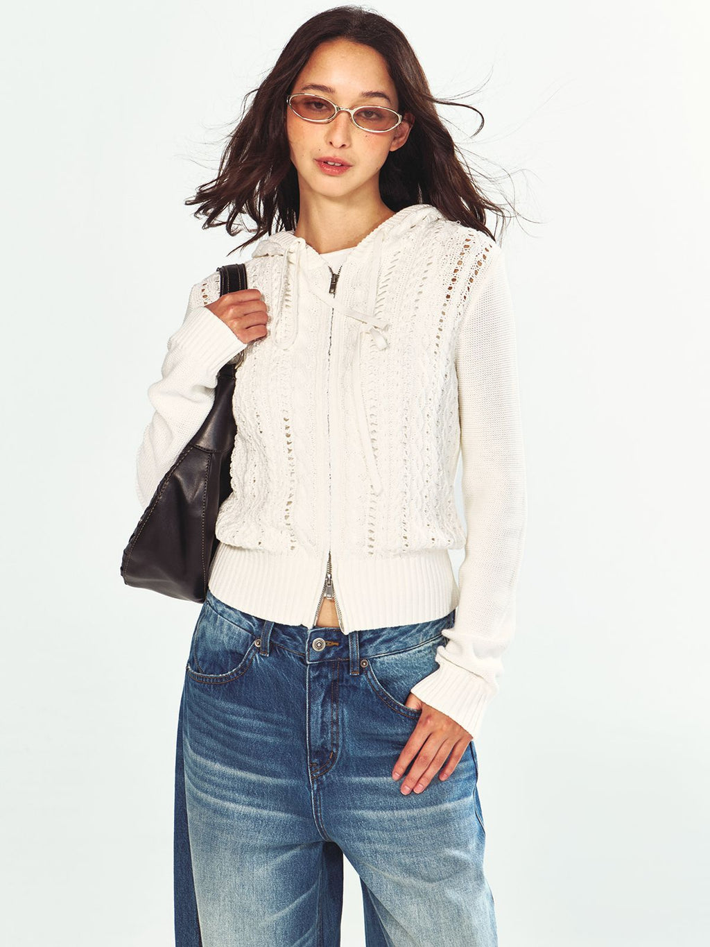 Openwork Cable-Knit Zip-Up Hooded Cardigan