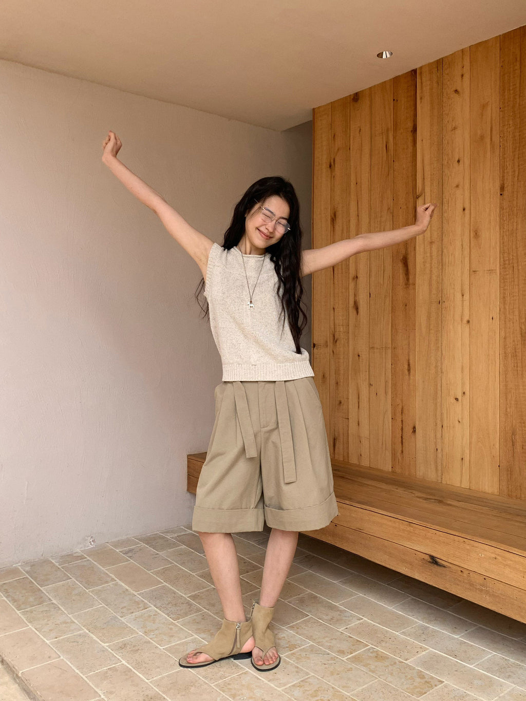 Linen Blend Roll-Neck Wool Sleeveless Knitwear Top