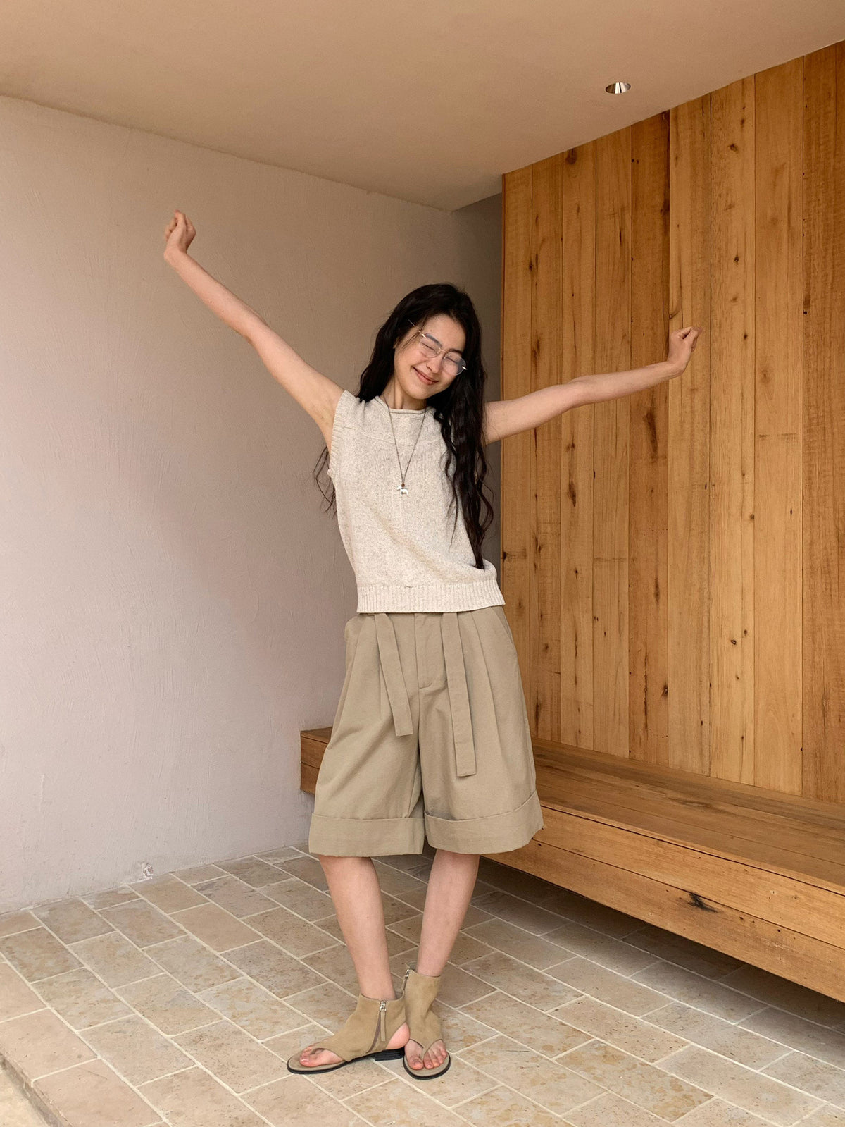 Linen Blend Roll-Neck Wool Sleeveless Knitwear Top