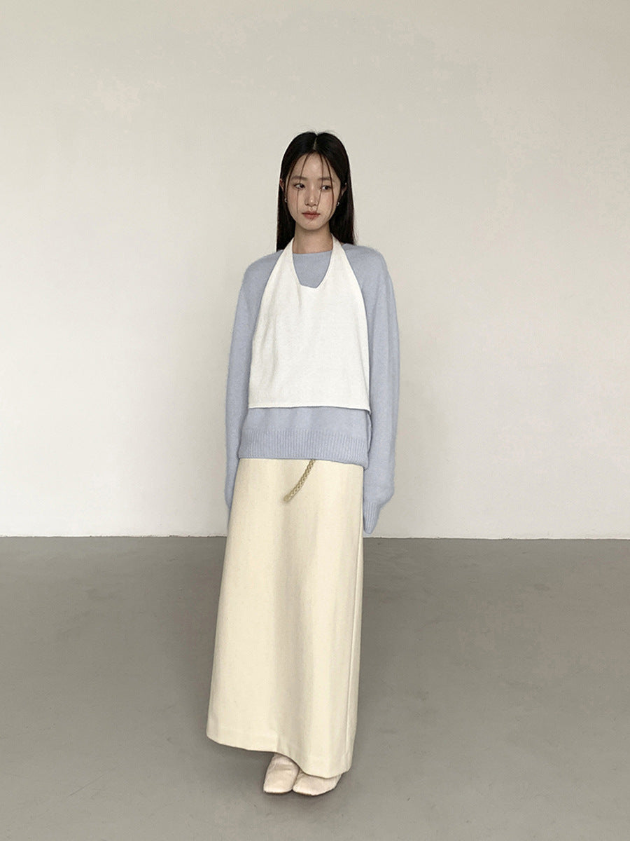Hepburn Style Wool Straight Cut Maxi Skirt with Stylish Rope Belt