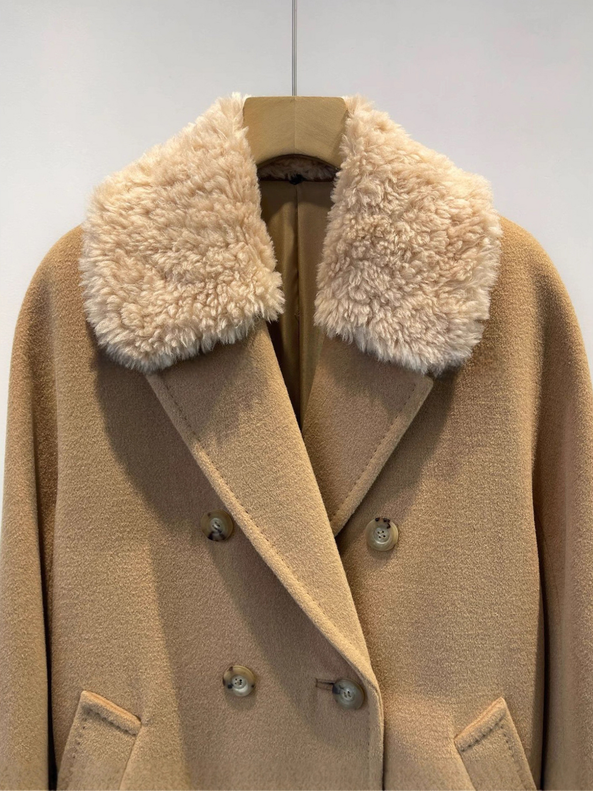 Double-Breasted Merino Wool & Cashmere Coat with Shearling Collar