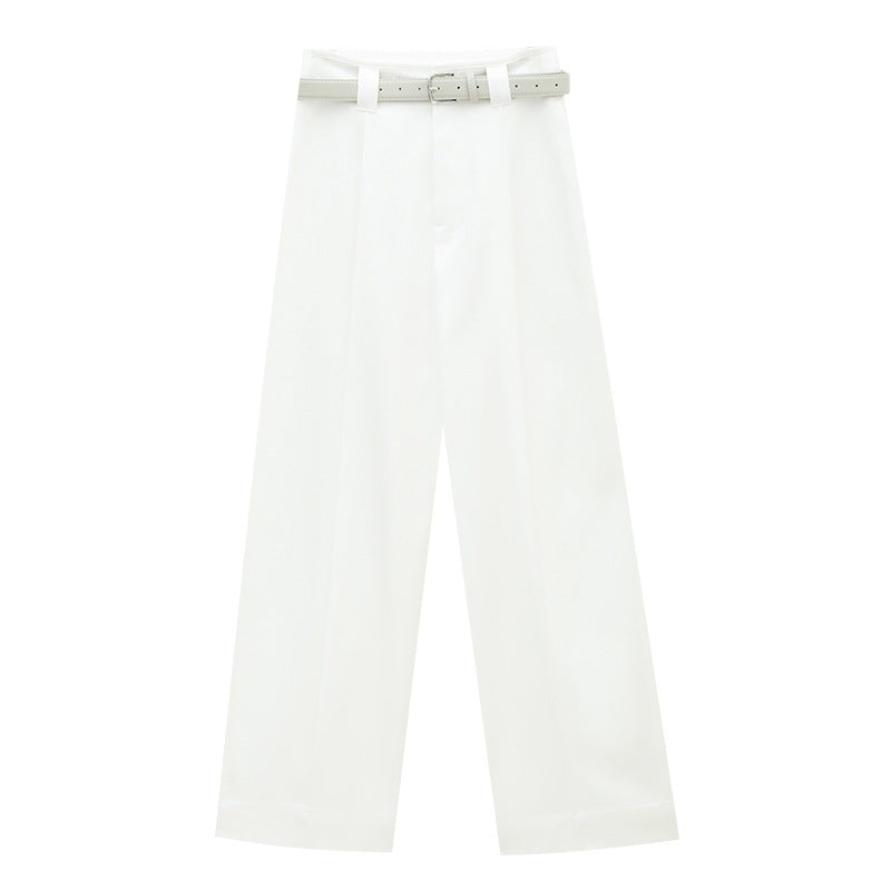 High Waist Double Pleated Straight Leg Tencel Trousers with Belt