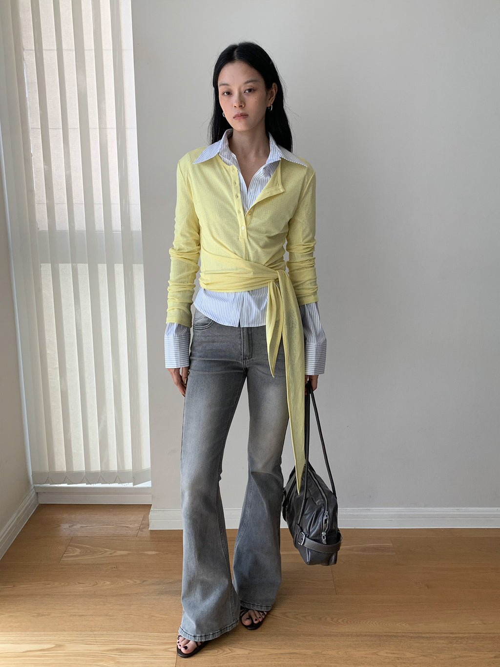 Lightweight Sheer Slim Fit Strap Long Sleeve Cardigan T-shirt with Half Neck Button