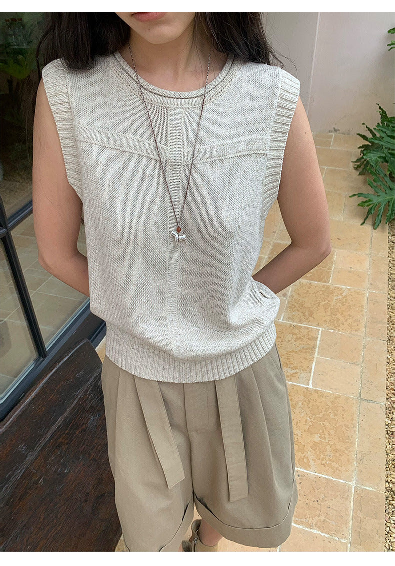 Linen Blend Roll-Neck Wool Sleeveless Knitwear Top