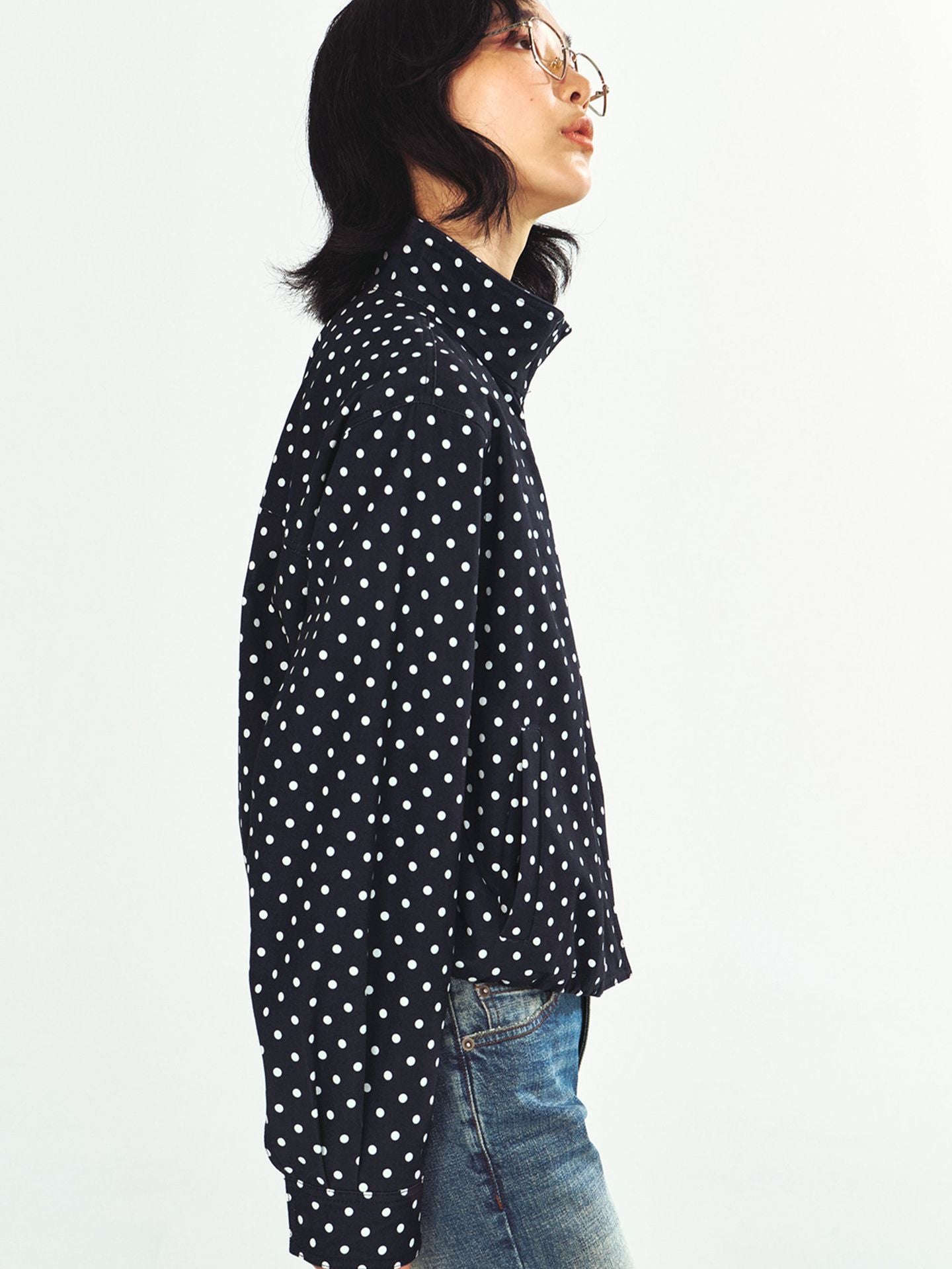 [Shishi Black Label] New Stand Collar Polka Dot Hem Cinched Drawstring Long Sleeve Zip-Up Jacket for Women V63217