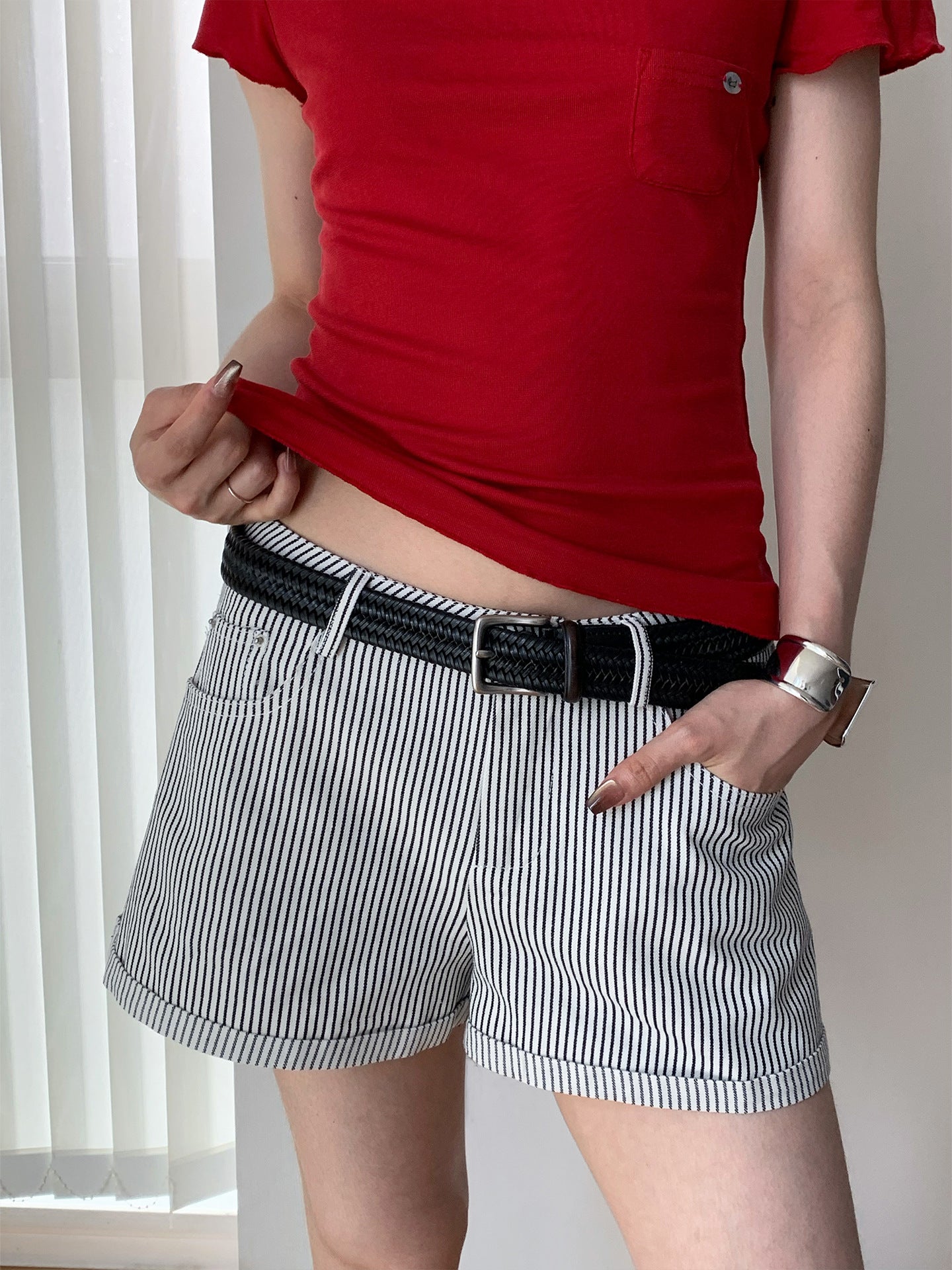 Striped Casual Denim Low-Rise Shorts