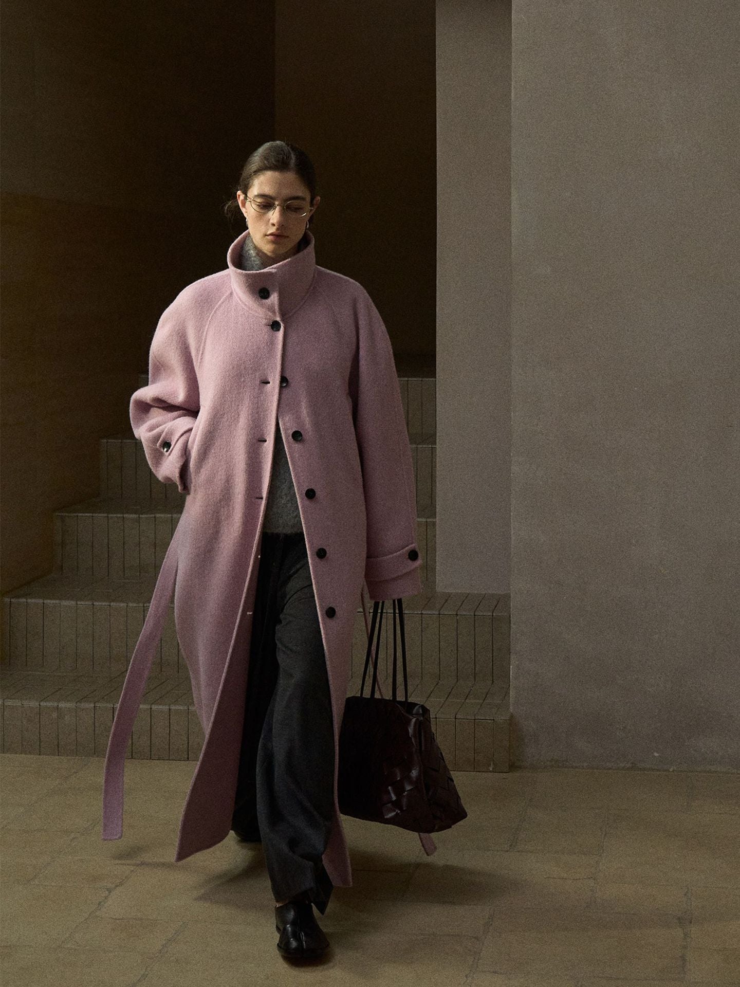 Stand Collar Double-breasted Wool Coat
