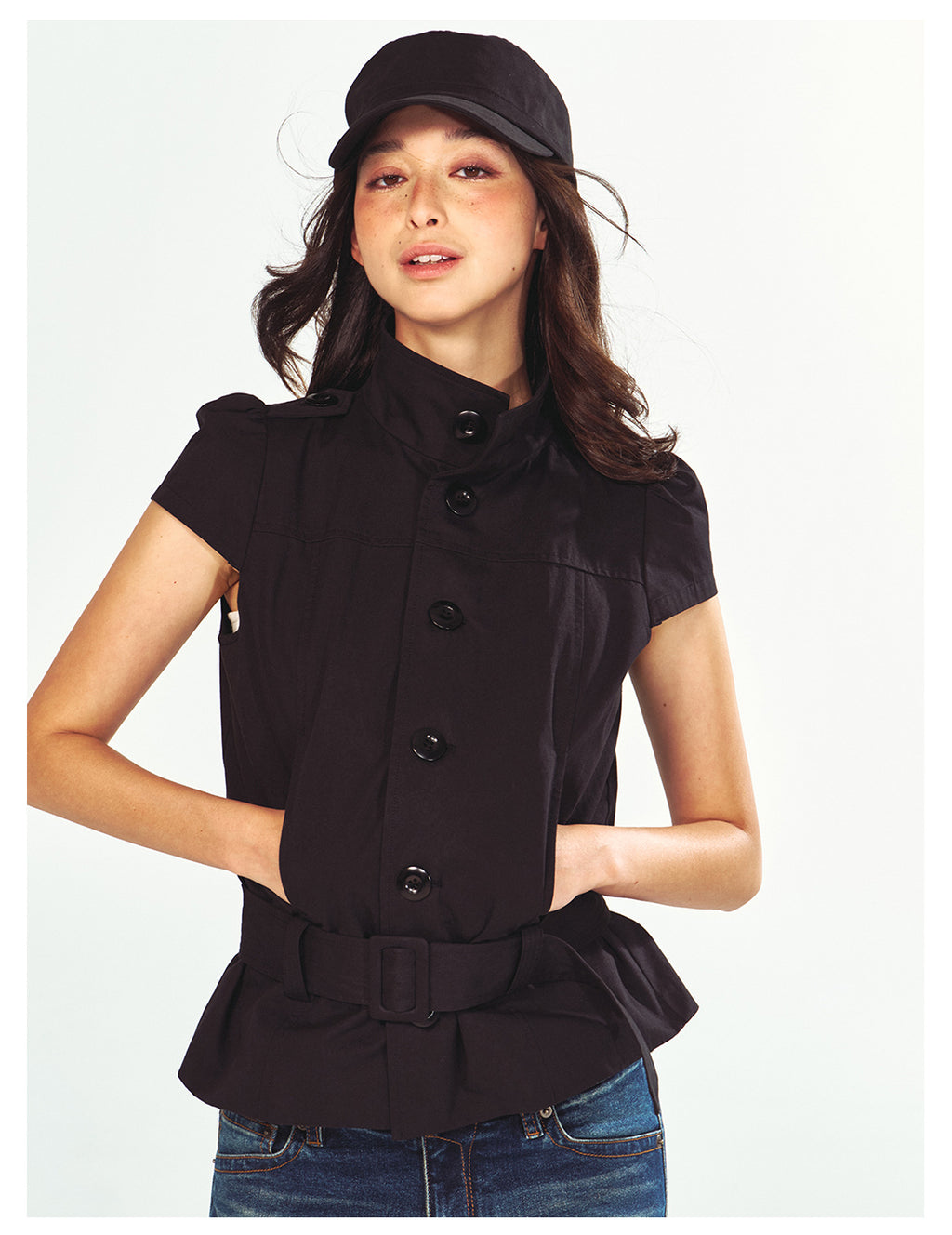 Fashionable Stand Collar Single-Breasted Buckle Lace-Up Jacket Top