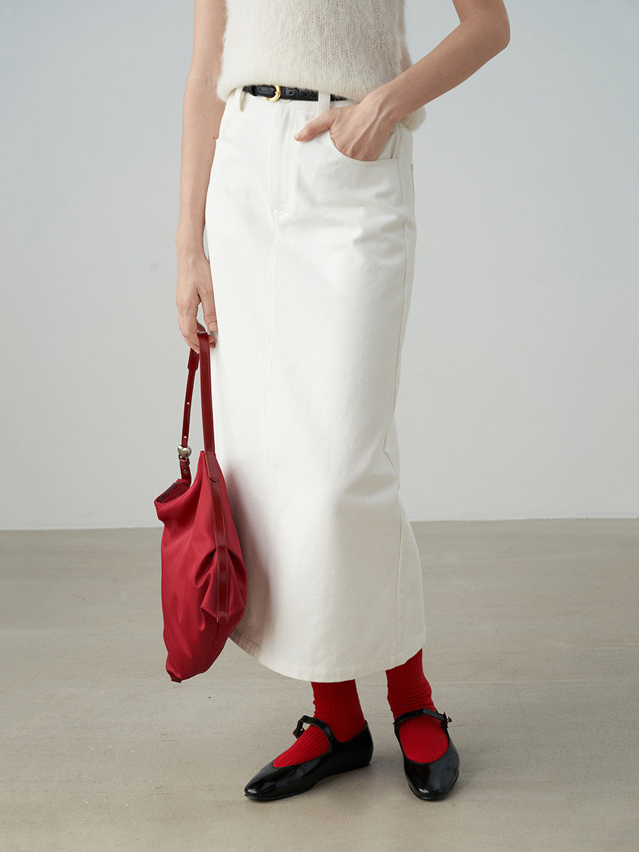 High-Waisted A-Line Maxi Denim Skirt with Back Pockets