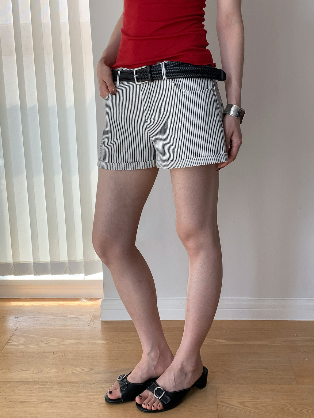 Striped Casual Denim Low-Rise Shorts