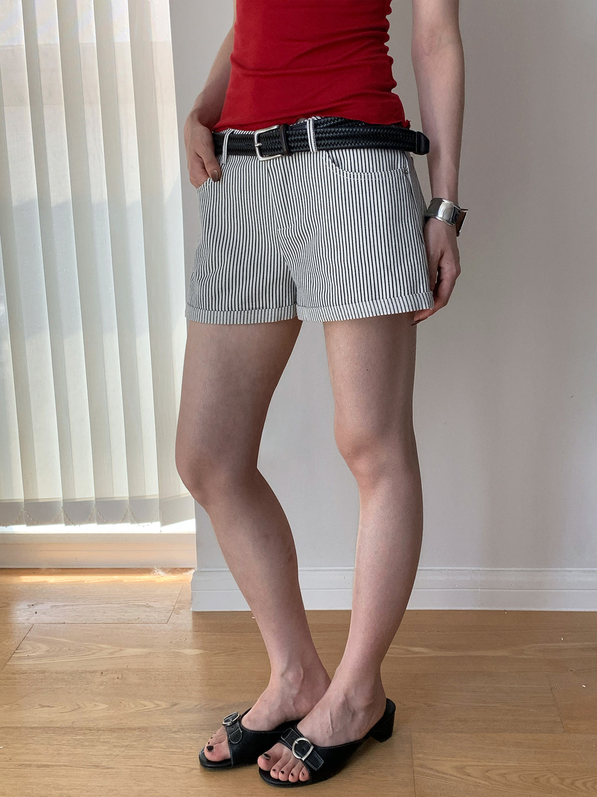 Striped Casual Denim Low-Rise Shorts