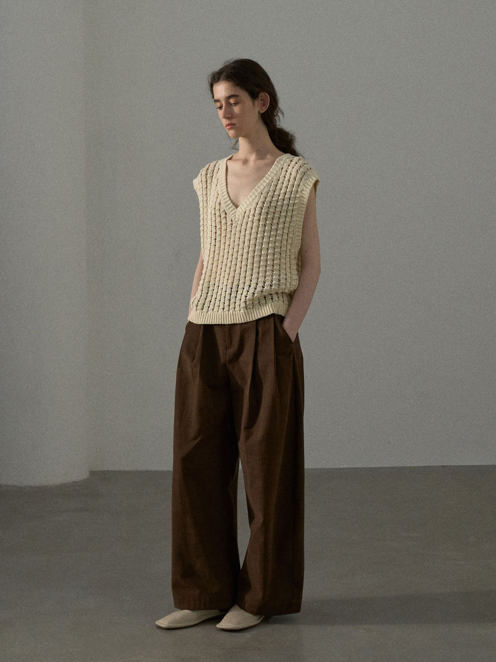 High-waisted Cotton Brushed Curved Baggy Pleated Pants
