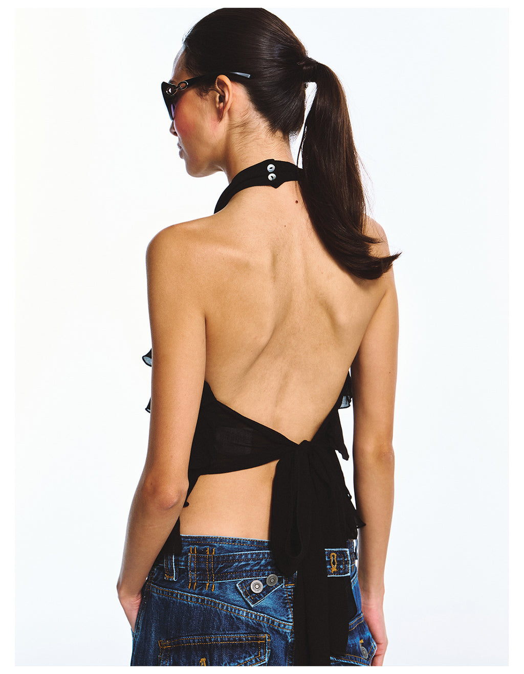 Double Crepe Lace Sleeveless Backless Halter Neck Top