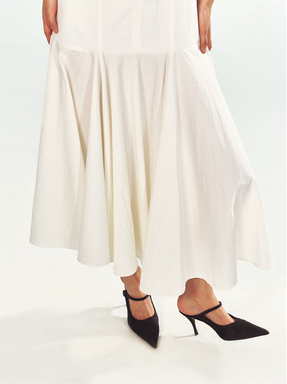Square-Neck Fitted Bodice Midi Dress with Gathered Flare Skirt