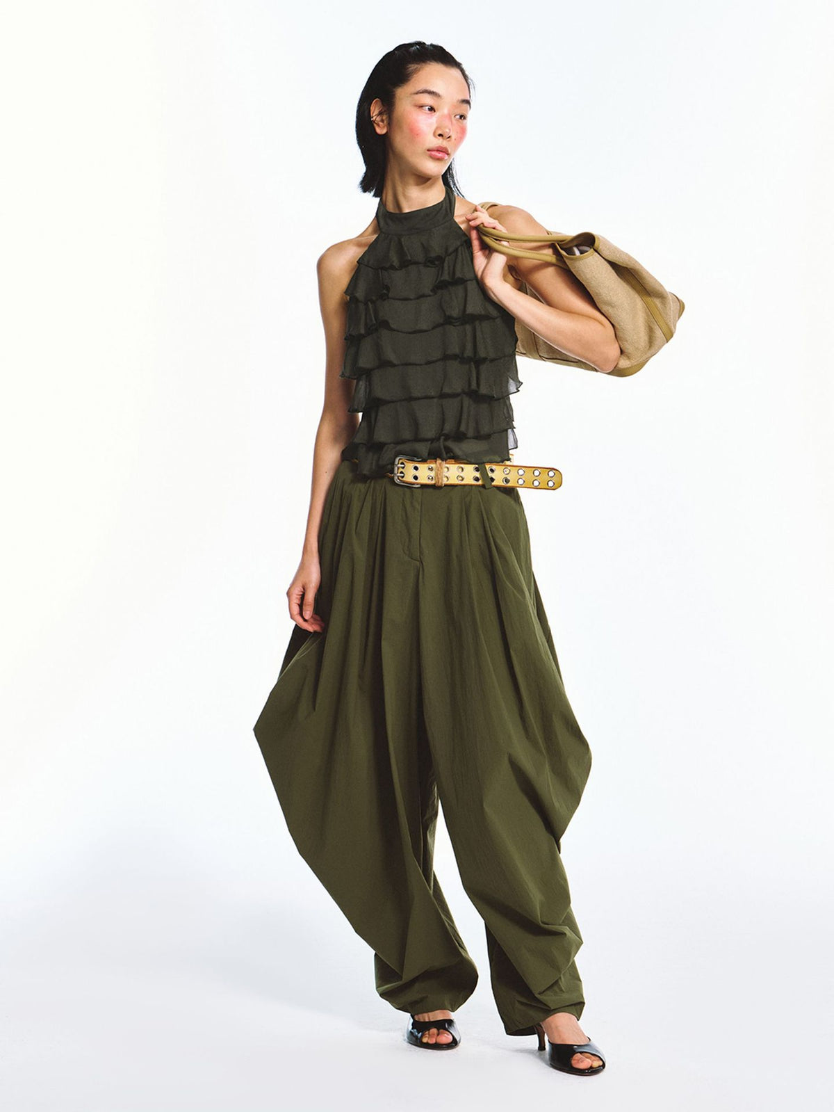 Double Crepe Lace Sleeveless Backless Halter Neck Top