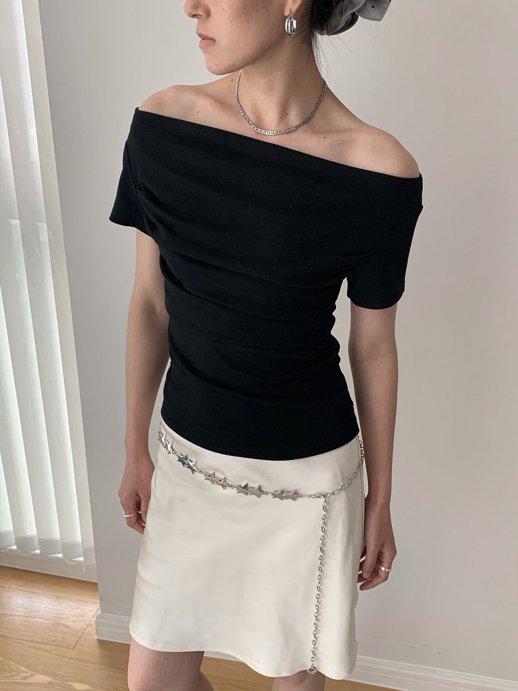 Draped Boat Neck Ruched Fitted T-Shirt
