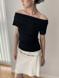Draped Boat Neck Ruched Fitted T-Shirt