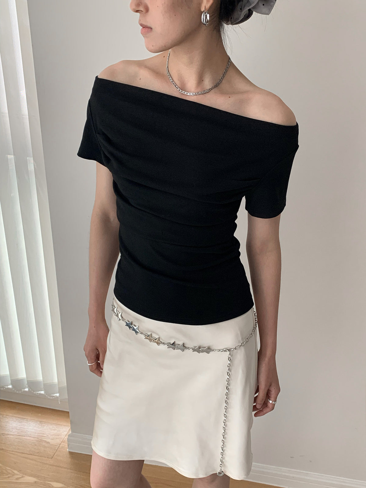 Draped Boat Neck Ruched Fitted T-Shirt