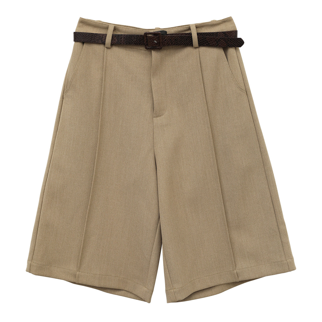 High-Waist Pleated Straight-Leg Blazer Shorts with Belt