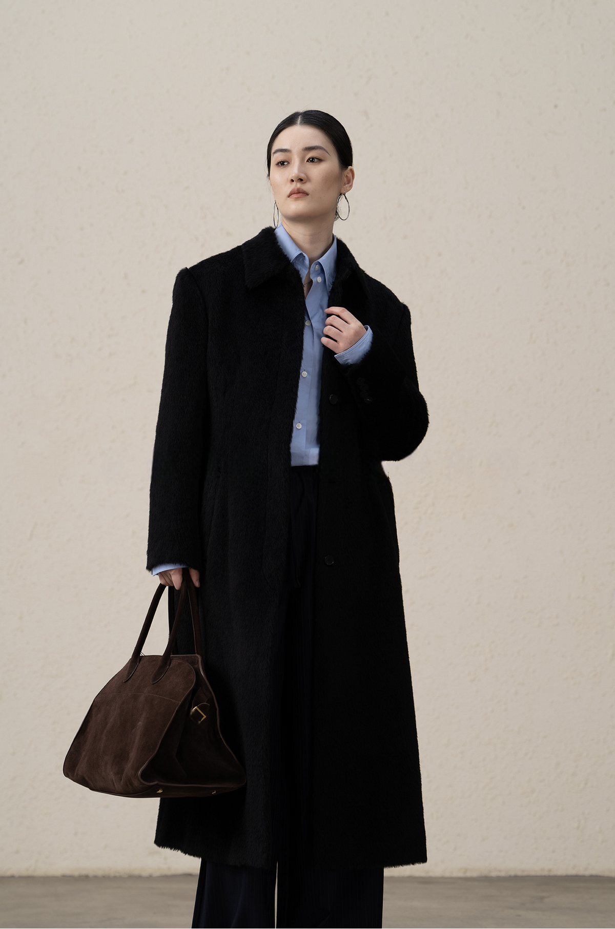 Suri Alpaca & Merino Wool Buttoned Shearling Long Coat